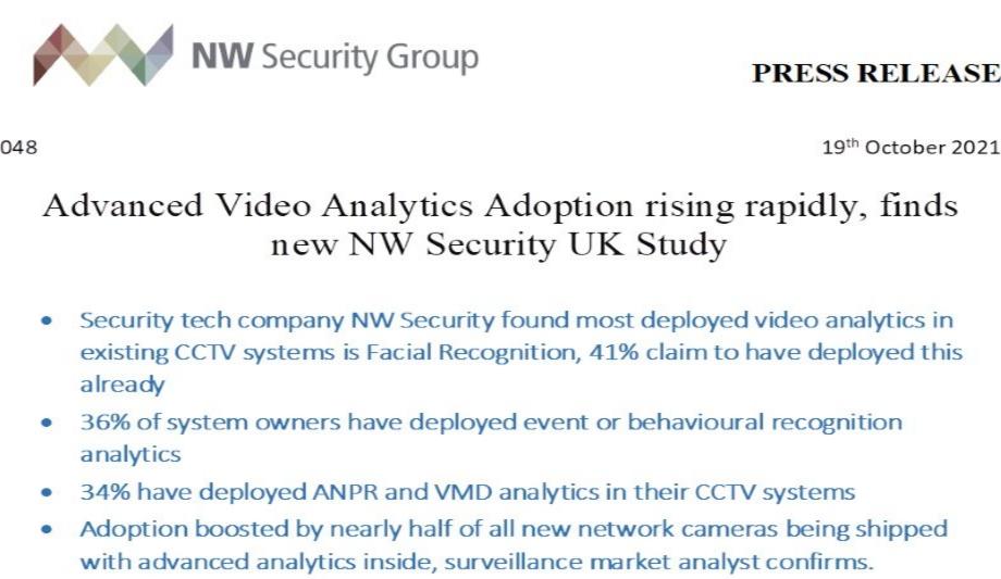 Advanced Video Analytics Adoption Rapidly Rising In CCTV Systems Across UK’s Businesses, As Per NW Security Report
